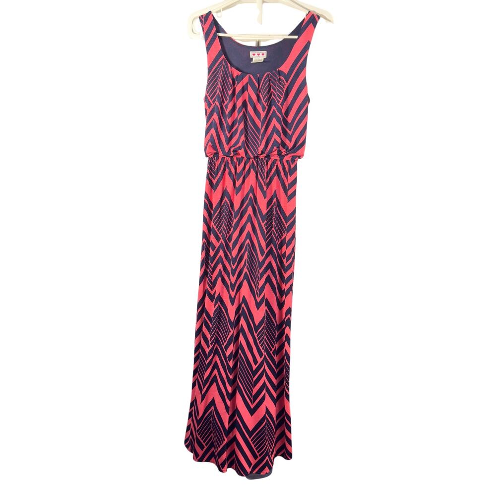Three Pink Hearts Trixxi Maxi Dress XS Coral Navy Geometric Sleeveless Stretch